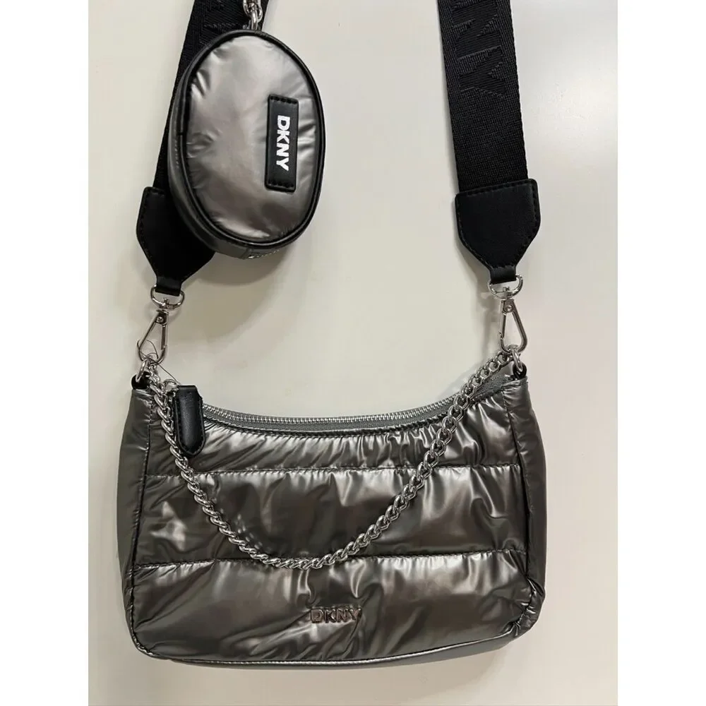 NWT DKNY Metallic Gray Cairo MD Pouchette Quilted Crossbody Bag